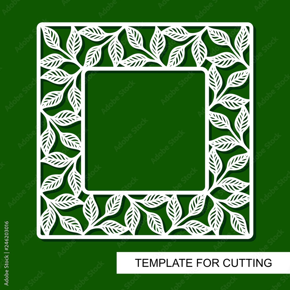 Square frame with leaves. Floral pattern. White border on a green