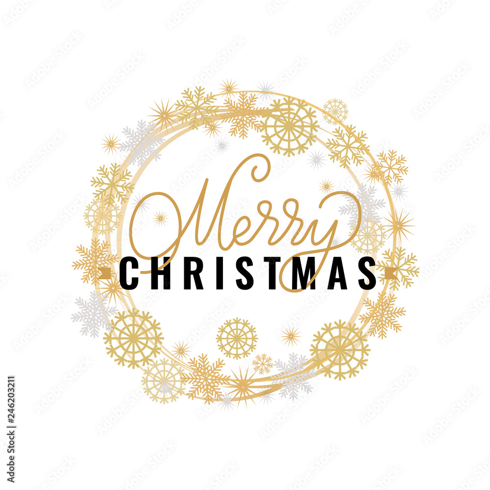 Merry Christmas festive greetings, calligraphic print with winter season wishes. Wishes on Xmas, lettering for postcards, vector wreath tag with snowflakes