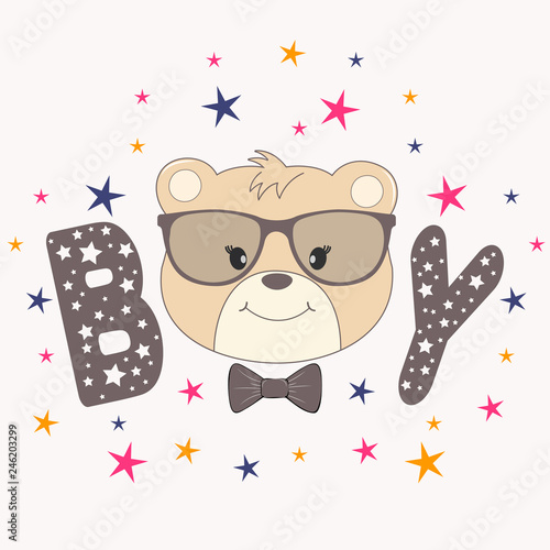 Portrait cute boy bear in glasses. Greeting card.