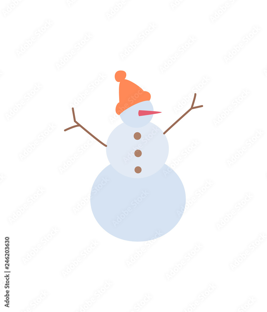 Snowman with rising up hands from branches with hat and carrot nose and buttons. Winter cartoon character made snow, card vector illustration isolated