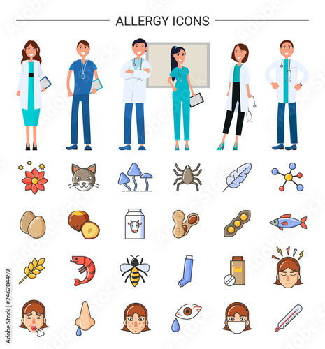 Allergy icons, medical care for sick patients vector. Professional treatment, preventing disease to evolve. Fish and beans, eggs shrimps, flower pet