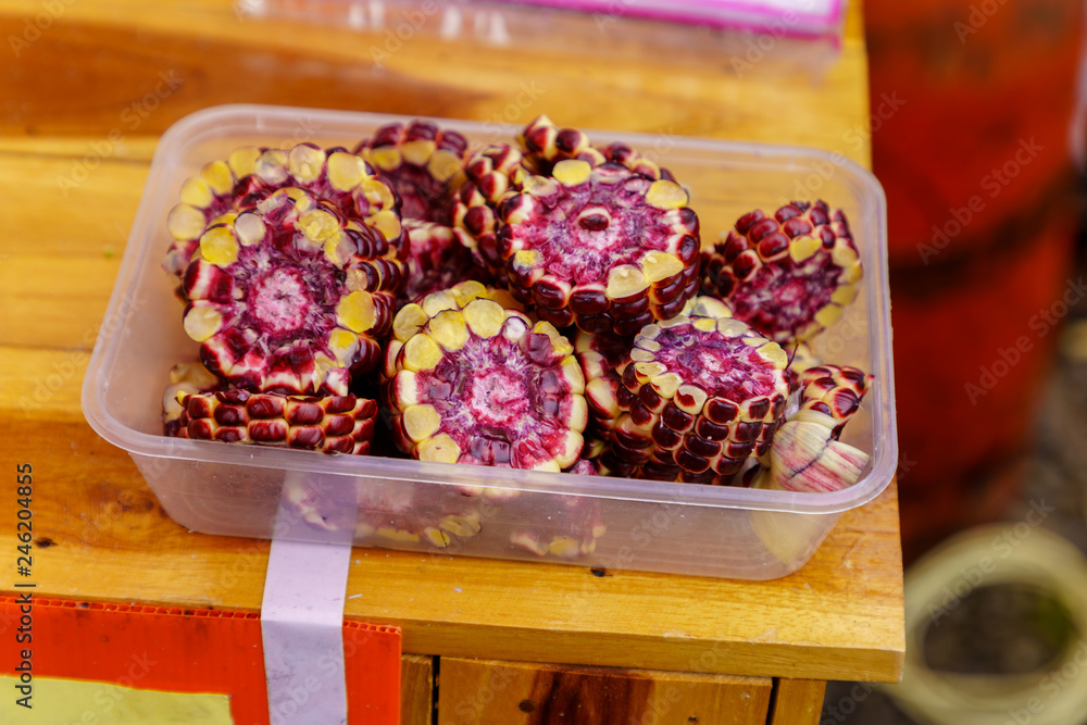 Fototapeta premium Close up inside of the purple corns are arranged in large numbers can eat at all useful, full of nutrients and vitamins Sold in CHIANG MAI, THAILAND.