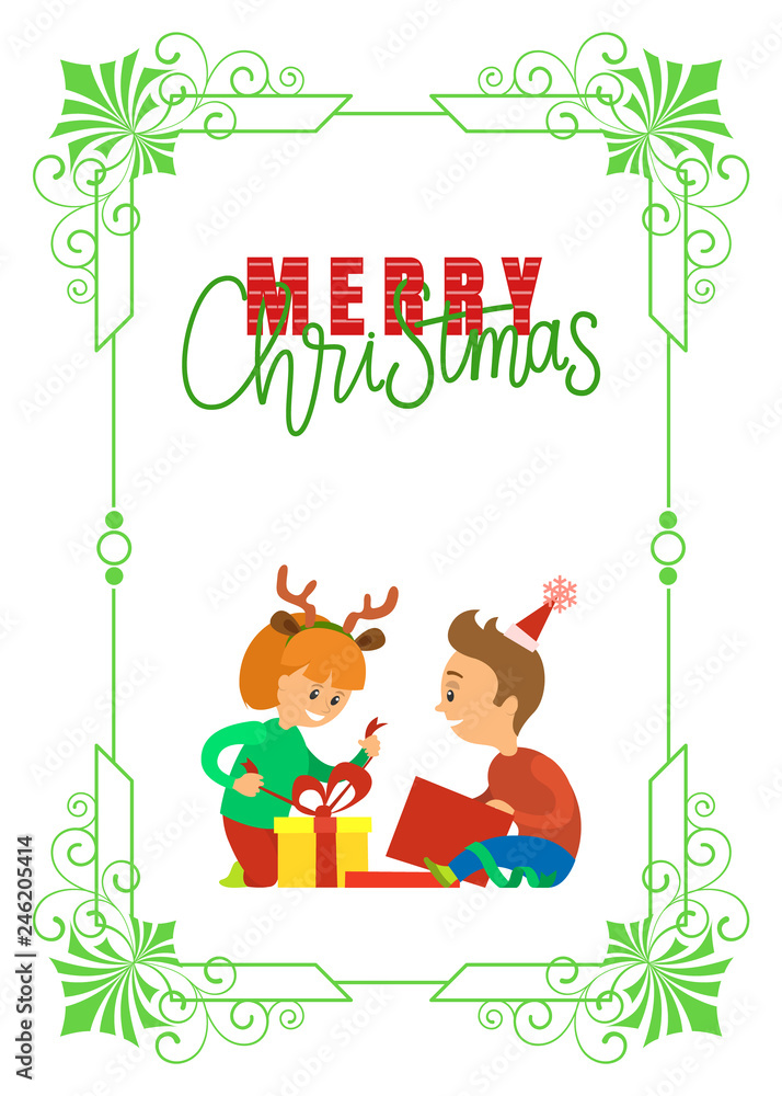 Obraz premium Merry Christmas postcard children unpacking Xmas presents. Kids opening wrapped gift boxes, greeting card design in frame, red and green lettering signs