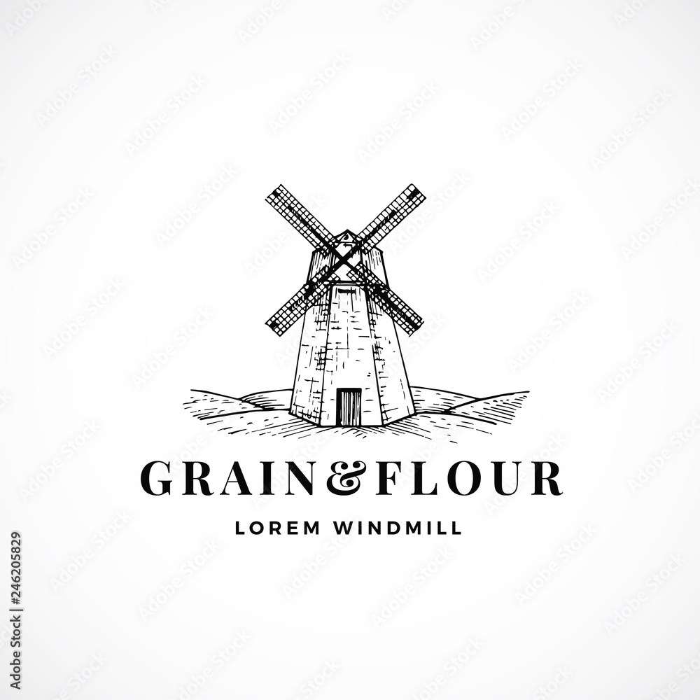 Grain and Flour Abstract Vector Sign, Symbol or Logo Template. Hand Drawn Windmill Sketch Illustration and Retro Typography. Vintage Luxury Emblem. Grain and Flour Abstract Vector Sign, Symbol or Logo Template. Hand Drawn Windmill Sketch Illustration and Retro Typography. Vintage Luxury Emblem.