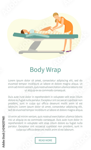 Body wrap done by experienced specialist expert in spa salon vector web poster. Procedure of wrapping leg to get rid of cellulite, cosmetician and client