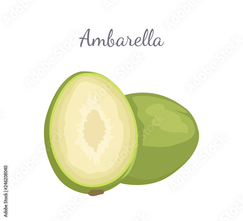 Ambarella exotic juicy fruit whole and cut vector isolated icon. Tropical edible food, dieting vegetarian banner. Spondias dulcis or June plum, kedondong photo