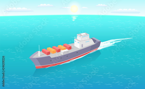 Cargo ship leaves trace in sea or ocean, marine commercial vessel. Transportation boat full of containers export goods, shipping and delivering by water