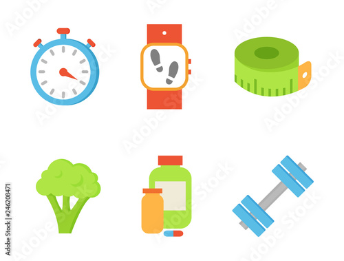 Time timer and broccoli isolated icons vector. Healthy lifestyle and vegetable sign. Dumbbells and wristband indicating quantity of sportsman steps