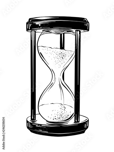 Vector engraved style illustration for posters, decoration and print. Hand drawn sketch of hourglass in black isolated on white background. Detailed vintage etching style drawing.