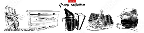 Vector engraved style illustration for logo, emblem, label or poster. Hand drawn sketch set of honey production elements isolated on white background. Detailed vintage doodle drawing.