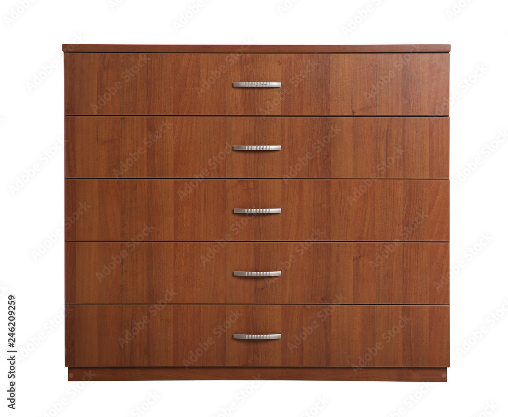 Modern wooden chest of drawers isolated on white. Furniture for wardrobe room