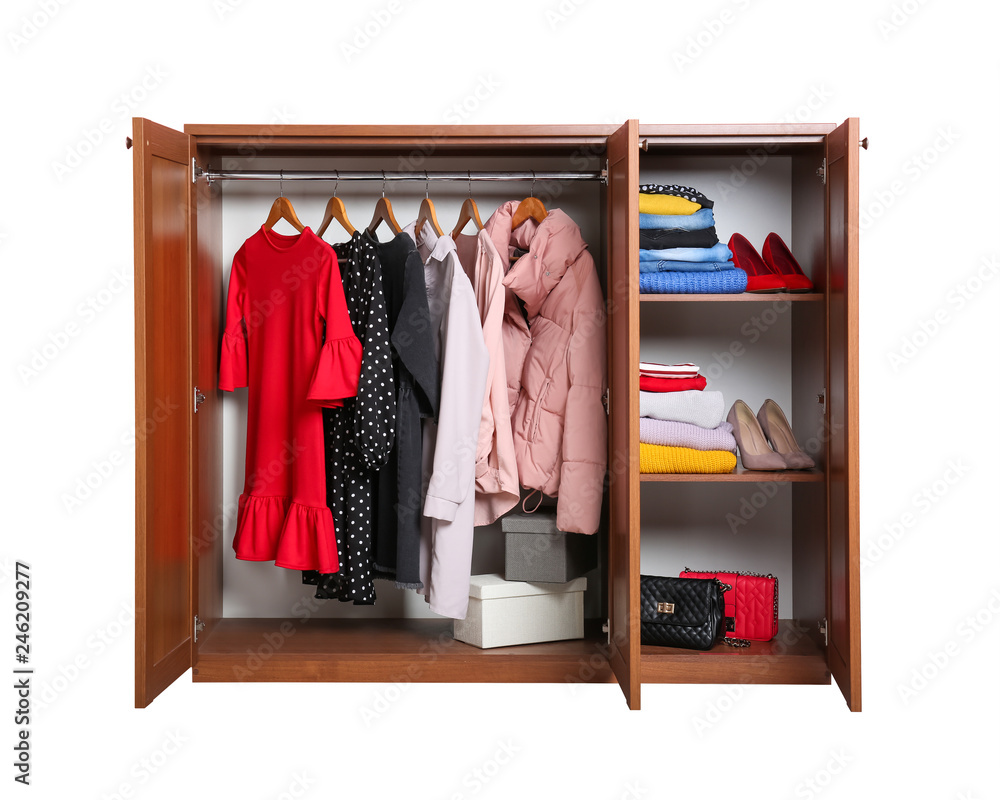 Modern wooden wardrobe with clothes and shoes isolated on white