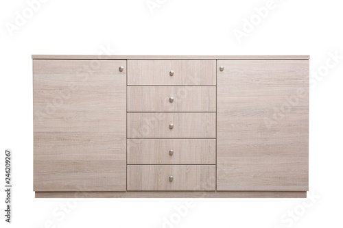 Modern light wooden cabinet isolated on white. Furniture for wardrobe room