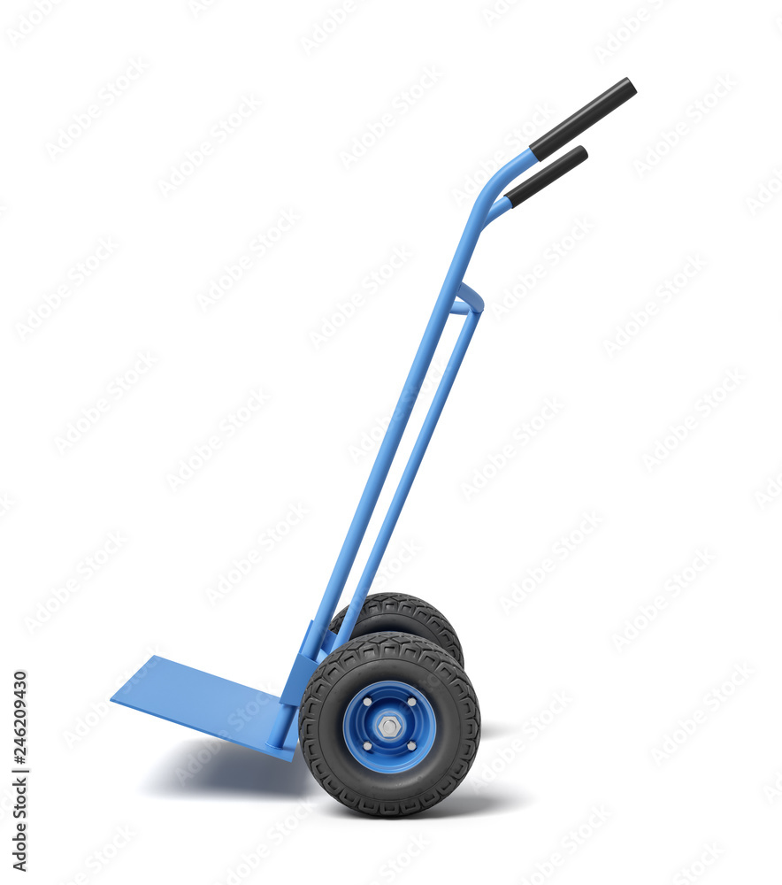 3d rendering of a blue hand truck standing upright on a white background. 3d rendering of a blue hand truck standing upright on a white background.