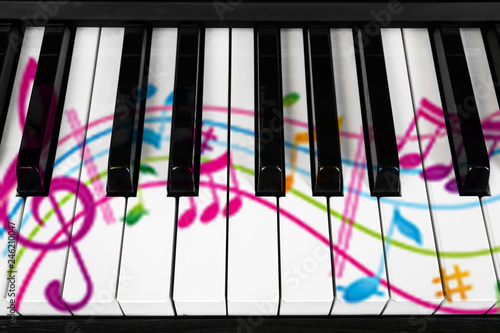 Musical notes on piano keys