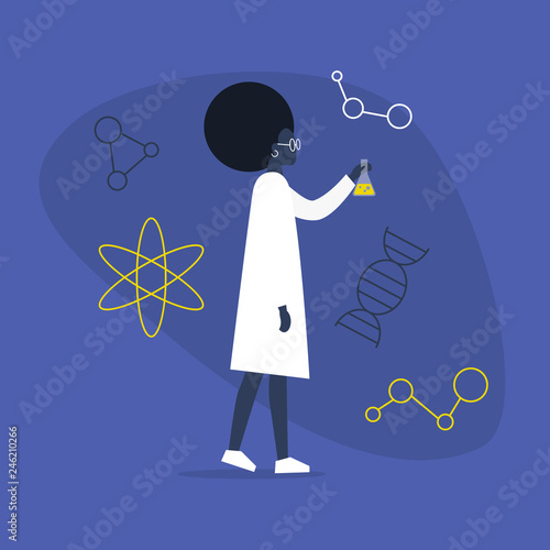 Young black female scientist holding a glass flask. Experiments. Chemistry. Biology. Medicine. Flat editable vector illustration, clip art