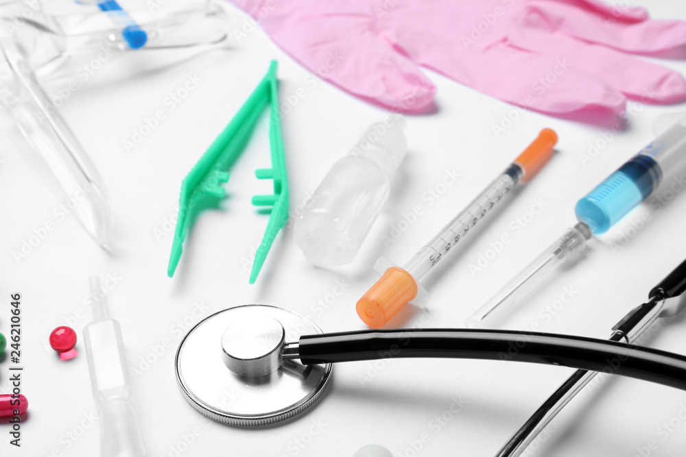 Different medical objects on white background. Modern equipment Different medical objects on white background. Modern equipment