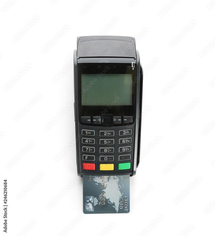 Modern payment terminal with credit card on white background, top view. Space for text Modern payment terminal with credit card on white background, top view. Space for text
