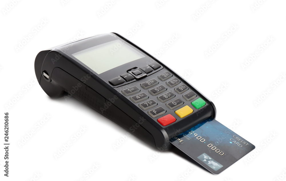 Modern payment terminal with credit card on white background. Space for text Modern payment terminal with credit card on white background. Space for text