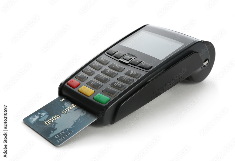 Modern payment terminal with credit card on white background. Space for text Modern payment terminal with credit card on white background. Space for text