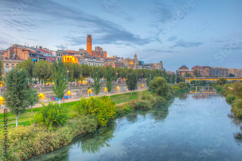 Sunset view over La Seu Vella cathedral erected over Lleida town in Spain