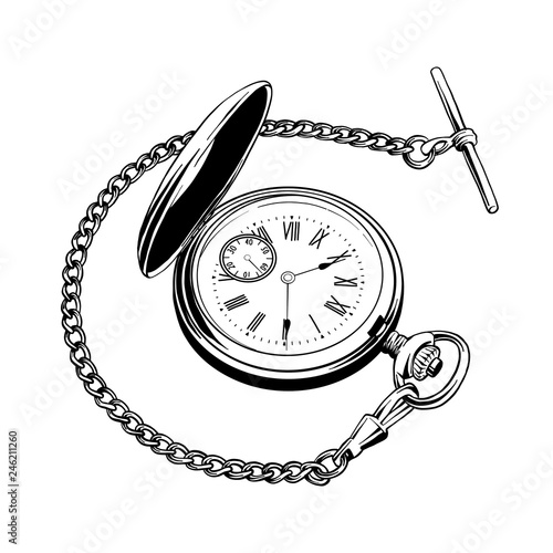 Vector engraved style illustration for posters, decoration and print. Hand drawn sketch of pocket watch in black isolated on white background. Detailed vintage etching style drawing.