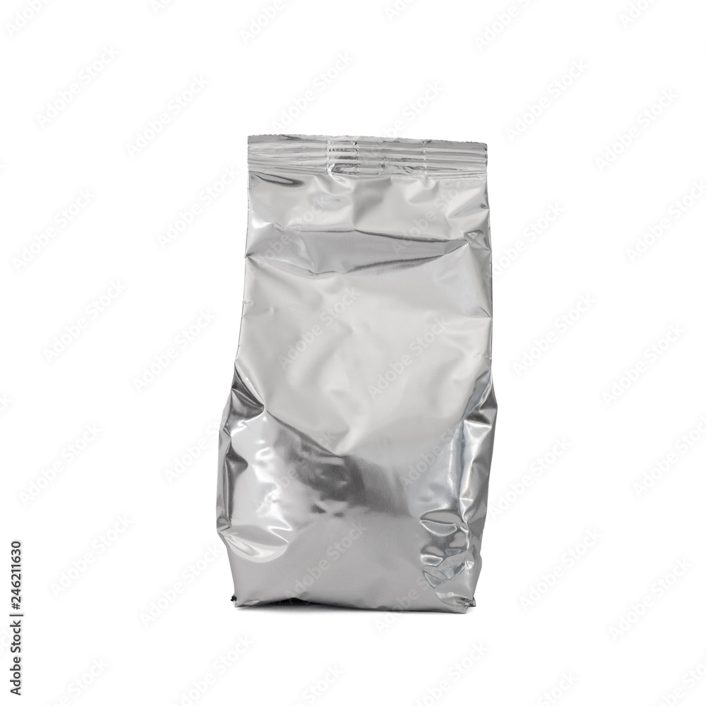 blank foil Aluminium bag for baby milk powder, tea or coffee isolated on white background with clipping path blank foil Aluminium bag for baby milk powder, tea or coffee isolated on white background with clipping path