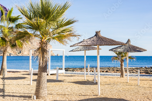 Sun umbrellas made of palm leaves on the beach © satura_
