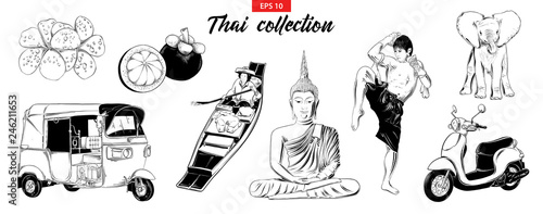 Vector engraved style illustration for logo, emblem, label or poster. Hand drawn sketch Thai set of tuk tuk, boxer, mangosteen, Buddha isolated on white background. Detailed vintage doodle drawing.