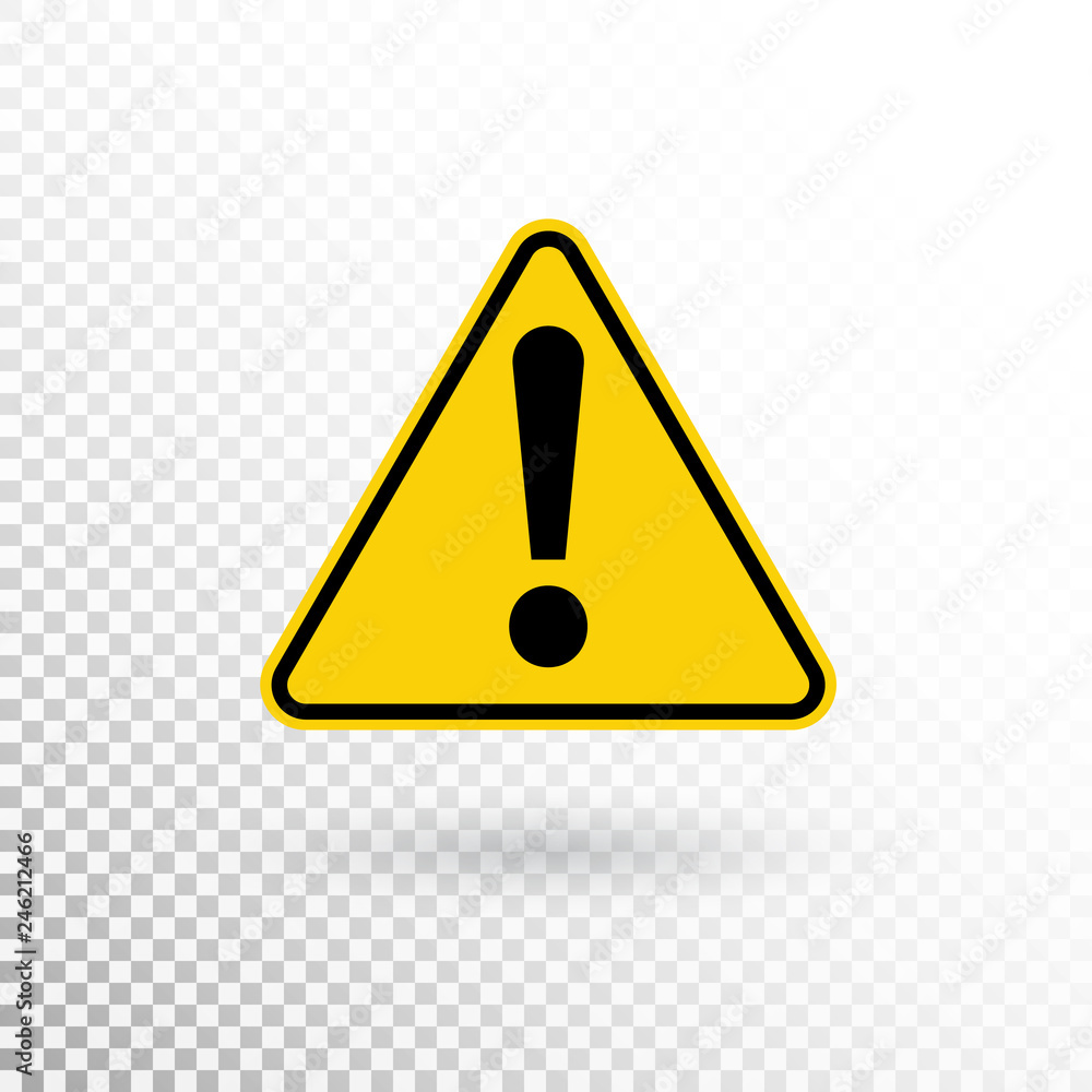 Warning symbol. Attention button. Red exclamation mark in yellow triangle isolated on transparent background. Warning sign. Exclamation mark icon in flat style. Vector illustration Warning symbol. Attention button. Red exclamation mark in yellow triangle isolated on transparent background. Warning sign. Exclamation mark icon in flat style. Vector illustration