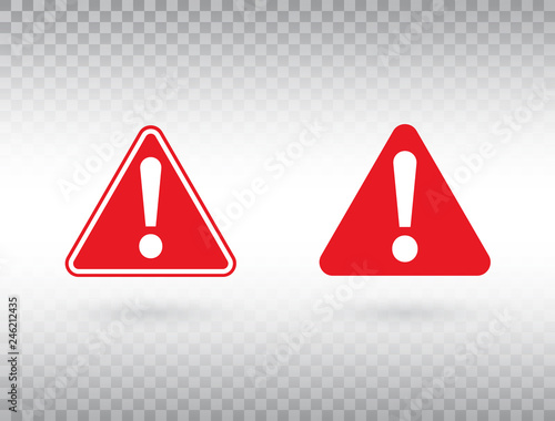 Warning symbol set. Exclamation mark in red triangles. Attention button isolated on transparent background. Warning sign. Exclamation mark icon in flat style. Vector illustration