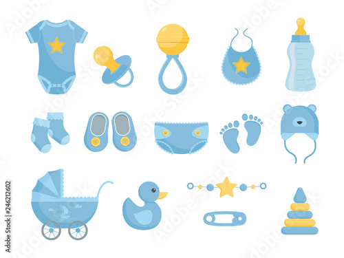 Baby nursing and health care and hygiene products vector illustration set.