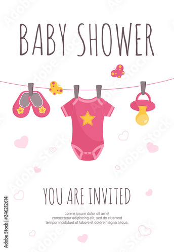 Baby shower invitation in flat vector illustration.