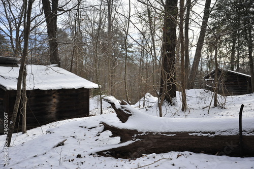 Winter landscape featuring old cabin structures in the snow