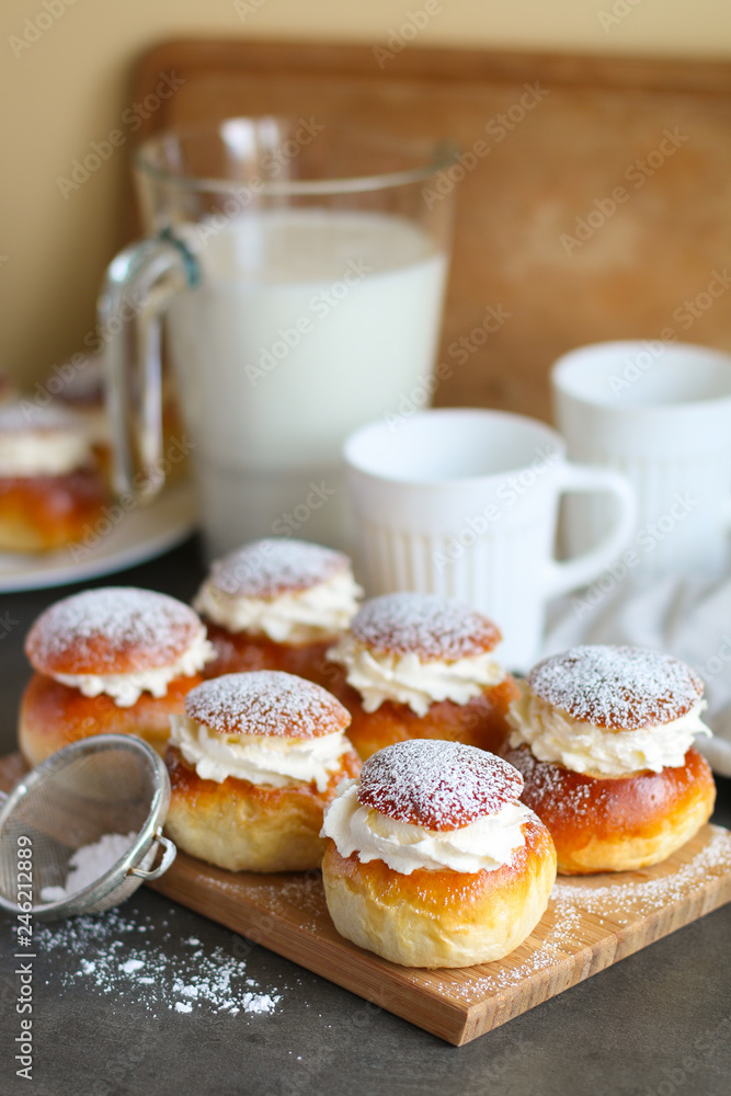 Homemade semla or vastlakukkel (in Estonia) is a traditional sweet roll with whipped cream made in Scandinavic and Baltic countries for Shrove Tuesday or related days Homemade semla or vastlakukkel (in Estonia) is a traditional sweet roll with whipped cream made in Scandinavic and Baltic countries for Shrove Tuesday or related days