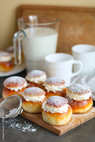 Homemade semla or vastlakukkel (in Estonia) is a traditional sweet roll with whipped cream made in Scandinavic and Baltic countries for Shrove Tuesday or related days