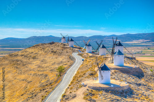 Traditional white windmills at Consuegra in Spain