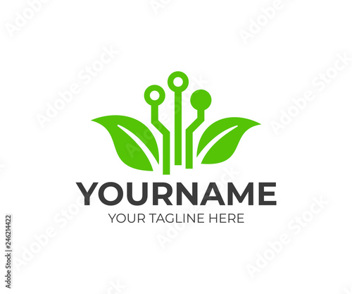 Green technology and circuit with leaves, logo design. Smart agricultural, E-agriculture and climate-smart farm, vector design and illustration