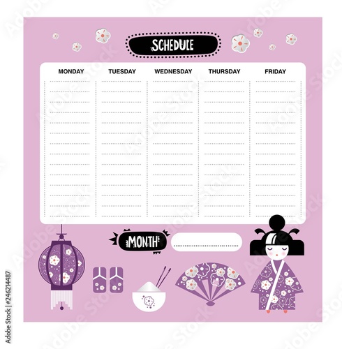 Vector weekly planner with japanese icons in cartoon style and cute elements, umbrella, carp, Kokeshi doll, fan