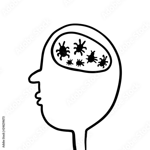Human head with bugs and insects inside brain hand drawn illustration