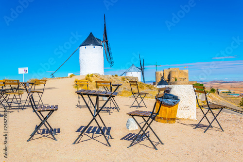 Castle at Consuegra surrounded with white windmills, Spain