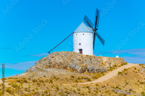 Traditional white windmills at Consuegra in Spain