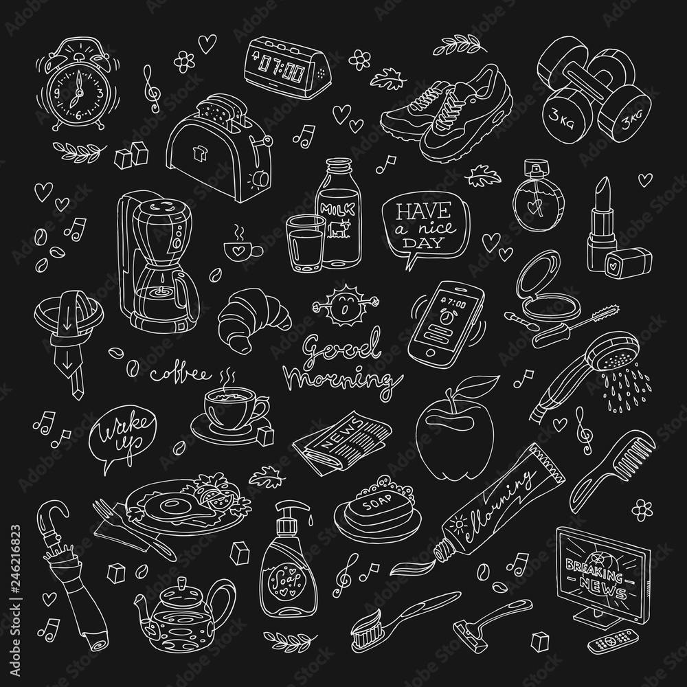 Vector line inversion illustration of morning with black background. Handmade color sketch set with morning and breakfast objects. Drawing white icons with coffee, sun, tea, walk and more symbols.