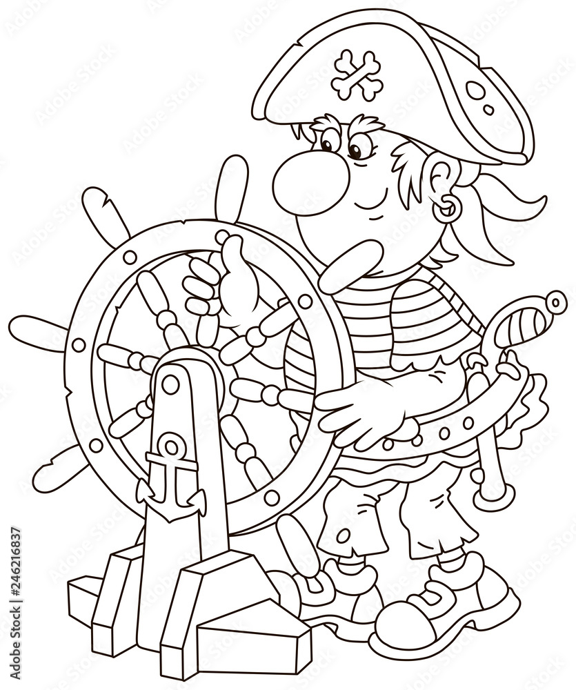 Funny sea pirate in a cocked hat holding a wooden helm and steering his old ship, black and white vector illustration in a cartoon style for a coloring book