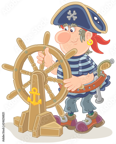 Funny sea pirate in a cocked hat holding a wooden helm and steering his old ship, vector illustration in a cartoon style