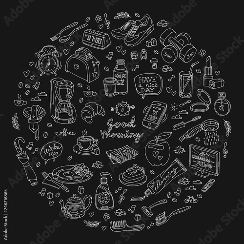 Vector line illustration of morning  in circle with black background. Handmade sketch set with morning and breakfast draw symbols.