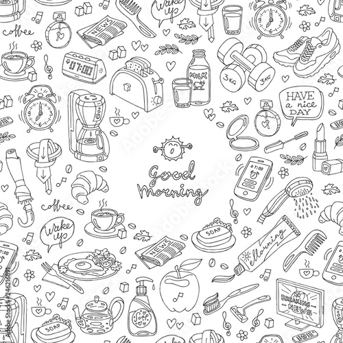  Vector seamless illustration of morning and breakfast. Handmade color draw sketch with food, clock, soap, news and cosmetics.