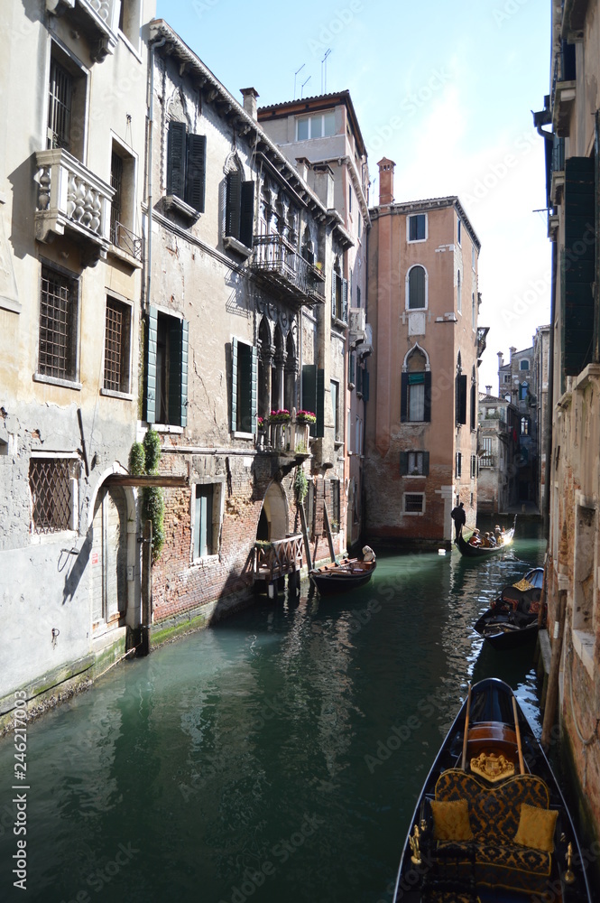 Views Of The Apostoli River And Beautiful Gondolas Moored From The Bridge In The CountrysideApostoli In Venice. Travel, holidays, architecture. March 28, 2015. Venice, Veneto region, Italy.