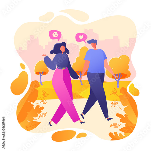 Romantic vector illustration on love story theme. Happy flat people character walking in the park. Happy lover man and woman flirt. Lifestyle concept on Valentine Day theme.