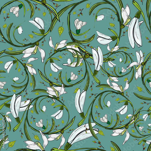 Vector seamless floral pattern of distorted images of snowdrops